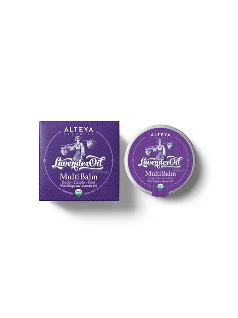 Alteya Organics Lavender Oil Multi Balm box and tin on white background.