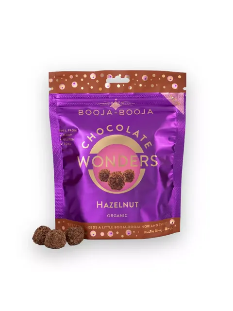 Booja-Booja Chocolate Wonders Hazelnut, organic, purple packaging with truffles shown.