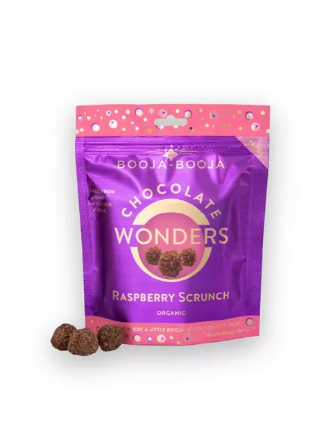 Booja-Booja Raspberry Scrunch chocolate pack with truffles, purple and pink design.