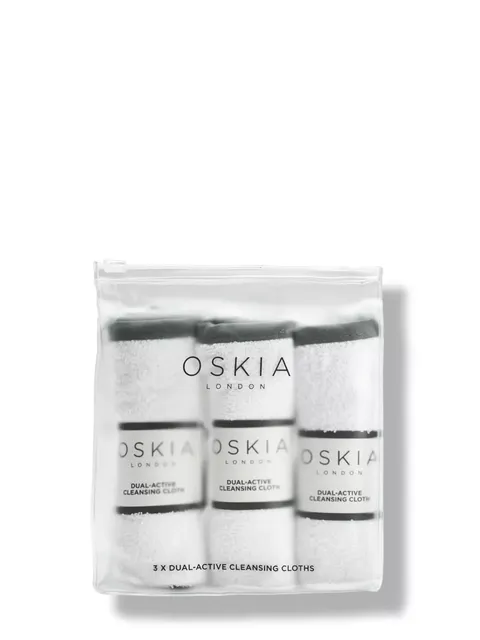 Oskia London dual-active cleansing cloths in a clear pouch.