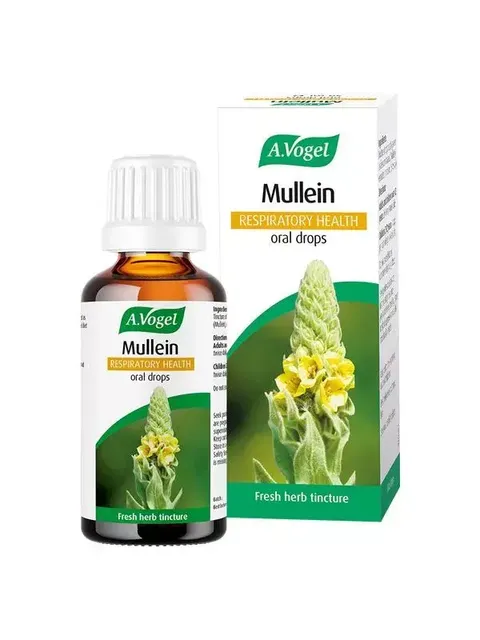 A.Vogel Mullein Respiratory Health oral drops bottle and box with yellow flowers.