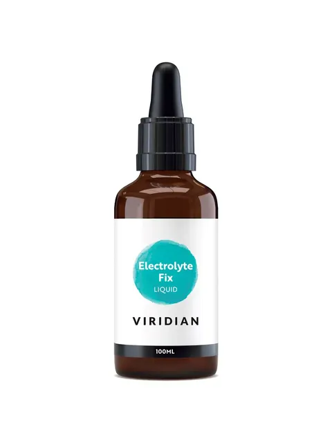 Brown bottle with dropper, labelled "Electrolyte Fix Liquid" by Viridian, 100ml.