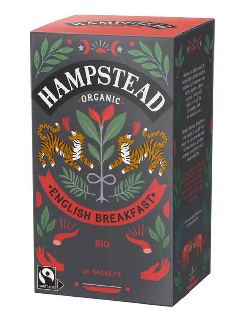 Hampstead Organic English Breakfast tea, 20 sachets, Fairtrade logo, tiger and leaf design on box.