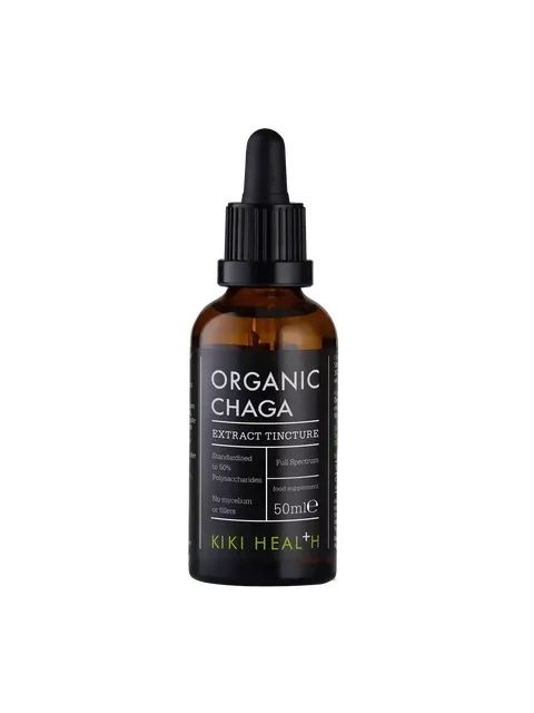 Brown bottle of Organic Chaga Extract Tincture, 50ml, by Kiki Health.