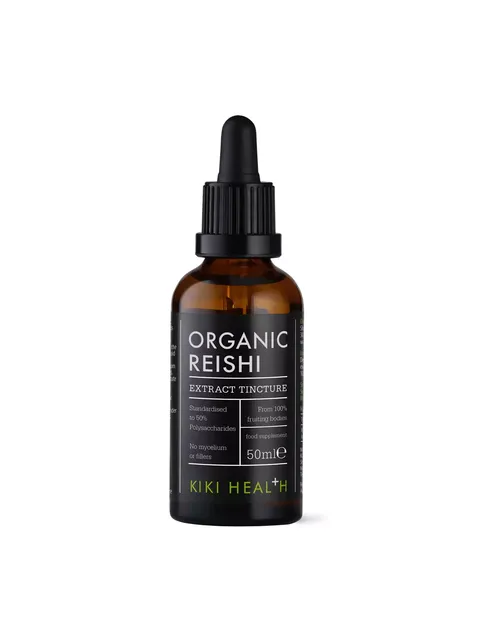 Brown bottle of Organic Reishi Extract Tincture, 50ml, by Kiki Health.