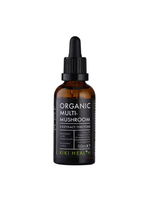 Brown bottle of Kiki Health Organic Multi-Mushroom Extract Tincture, 50ml.