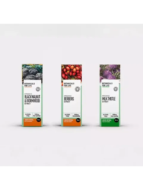 Three boxes of organic herbal extracts: Black Walnut, Berberis, Milk Thistle, 50ml each.