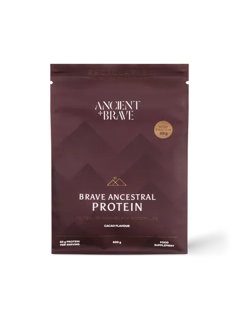 Ancient + Brave protein powder, cacao flavour, 600g, 22g protein per serving.