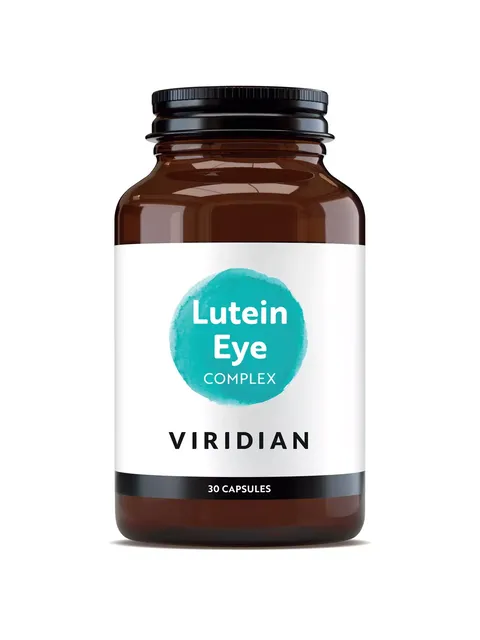 Brown bottle of Viridian Lutein Eye Complex, 30 capsules.