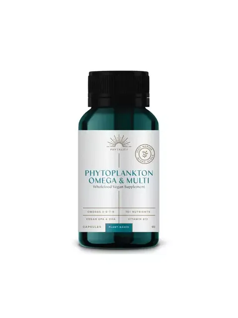 Phytoplankton Omega & Multi vegan supplement bottle, 60 capsules.