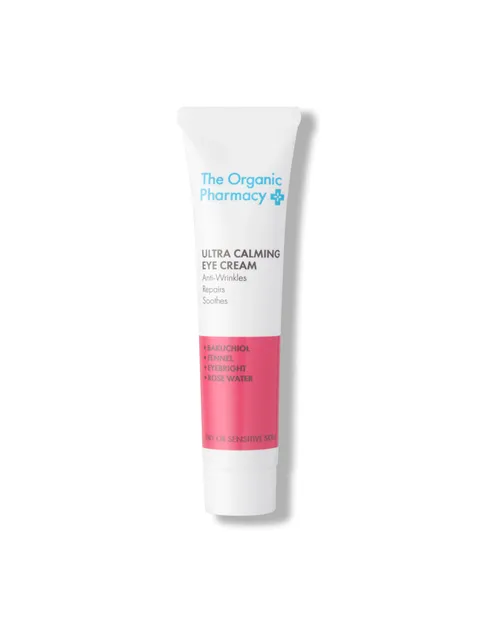 White tube of Ultra Calming Eye Cream with pink label for dry or sensitive skin.