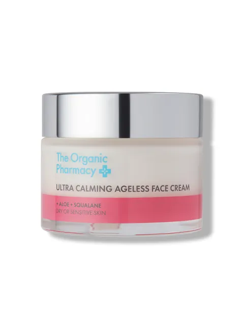 The Organic Pharmacy face cream jar with silver lid, for dry or sensitive skin.