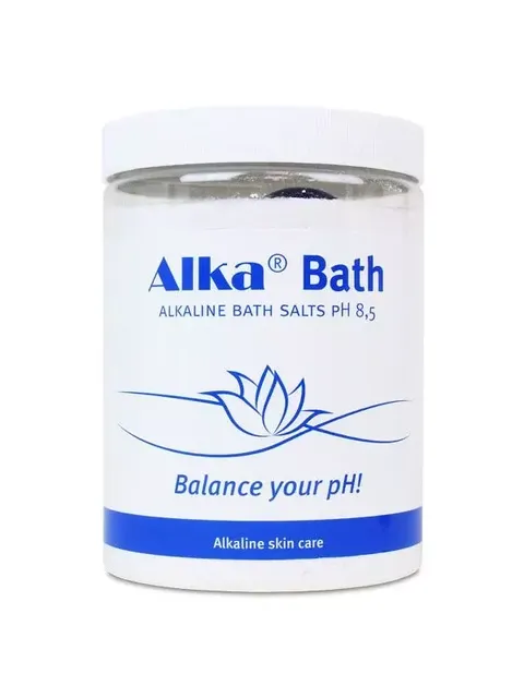 Alka Bath alkaline bath salts jar, pH 8.5, with lotus design.