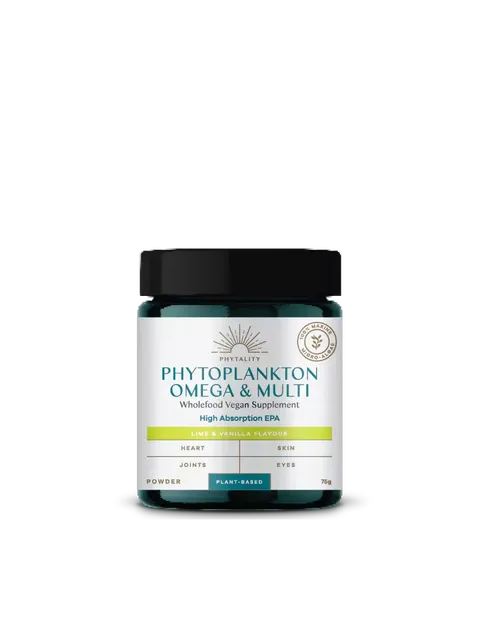 Phytoplankton Omega & Multi supplement jar, lime and vanilla flavour, 75g.