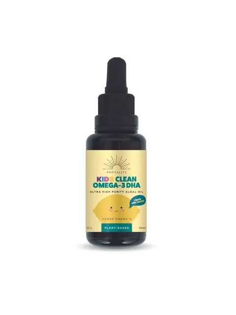 Phytality Kids Clean Omega-3 DHA oil, 50ml, vegan, lemon flavour, plant-based.