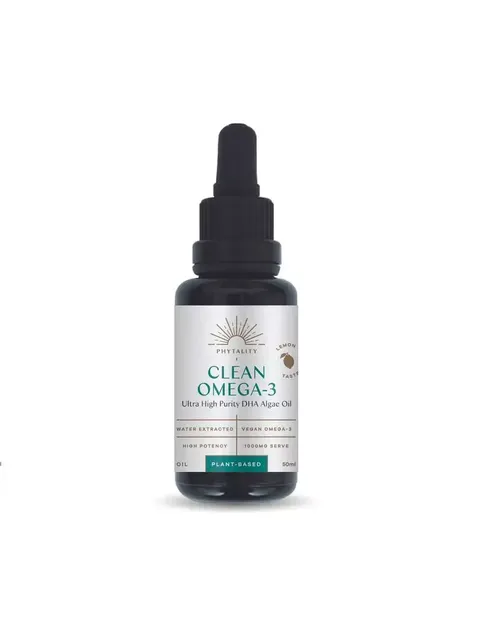 Phytality Clean Omega-3 Algae Oil, 50ml bottle with dropper, lemon taste, vegan.