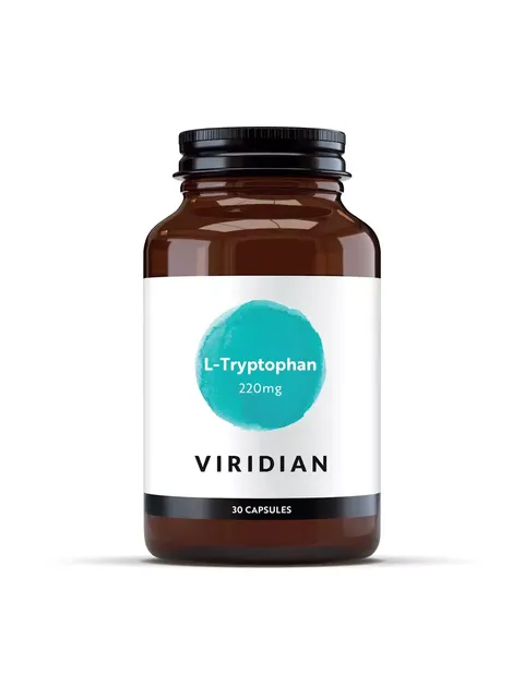 Brown bottle labelled "L-Tryptophan 220mg" by Viridian, 30 capsules.