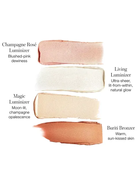 Four luminiser swatches: pink, sheer white, champagne, and bronze with descriptive text.
