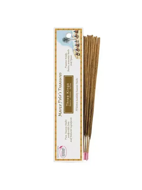 Incense sticks with "Three Kings" label, 10 sticks per pack, natural ingredients.