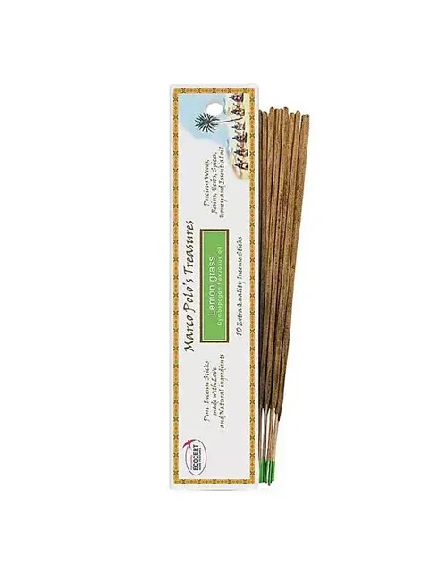 Lemongrass incense sticks with packaging, labelled "Marco Polo's Treasures".