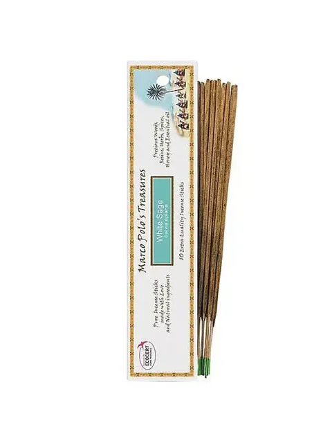 White Sage incense sticks, 10 pack, natural ingredients, Marco Polo's Treasures branding.