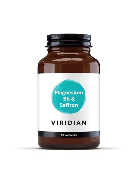 Brown bottle with label: Magnesium B6 & Saffron, Viridian, 60 capsules.