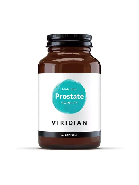 Viridian Prostate Complex, 60 capsules, for men 50+. Brown bottle with white label.