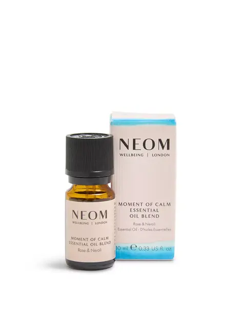 Neom Moment of Calm essential oil blend, rose and neroli, 10ml bottle with box.