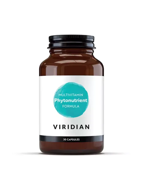 Brown bottle with label: "Multivitamin Phytonutrient Formula, Viridian, 30 capsules".