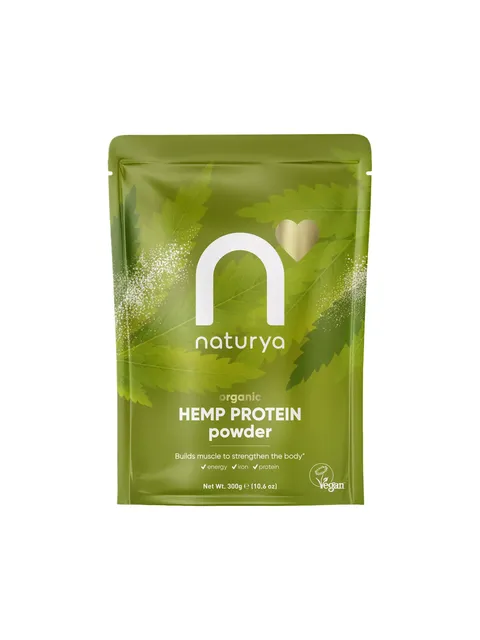 Naturya organic hemp protein powder, 300g, in green packaging with leaf design. Vegan logo visible.