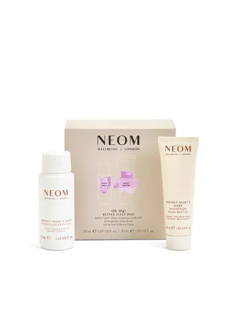 Neom Better Sleep Duo with bath milk and body butter, 50ml and 30ml bottles.