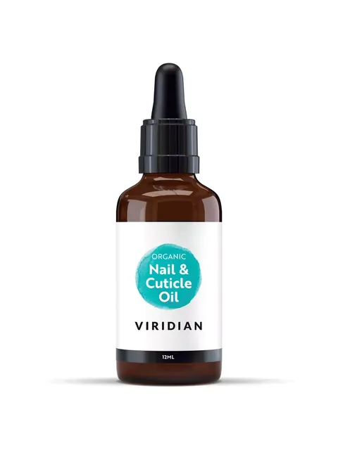 Brown bottle of Viridian Organic Nail & Cuticle Oil, 12ml, with dropper lid.