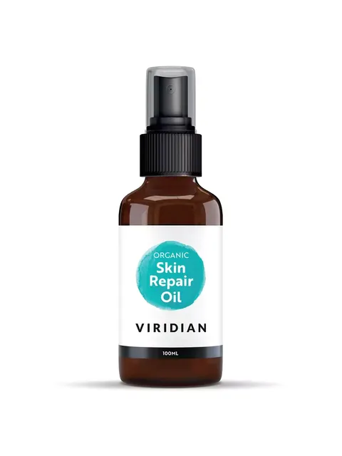 Brown bottle of Viridian Organic Skin Repair Oil, 100ml, with spray cap.