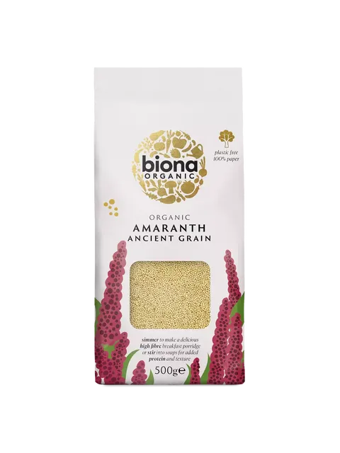 Biona Organic Amaranth Ancient Grain, 500g, plastic-free paper packaging.