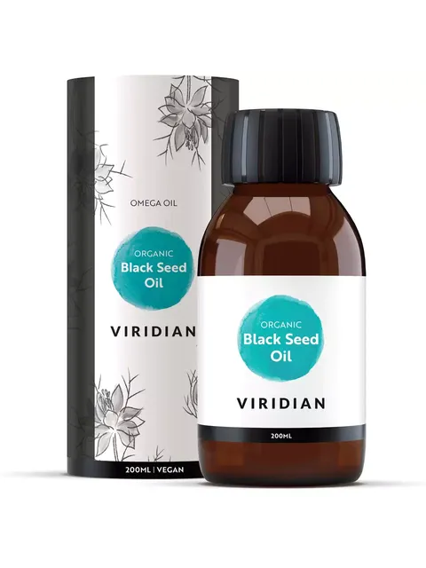 Viridian Organic Black Seed Oil bottle and packaging, 200ml, vegan.