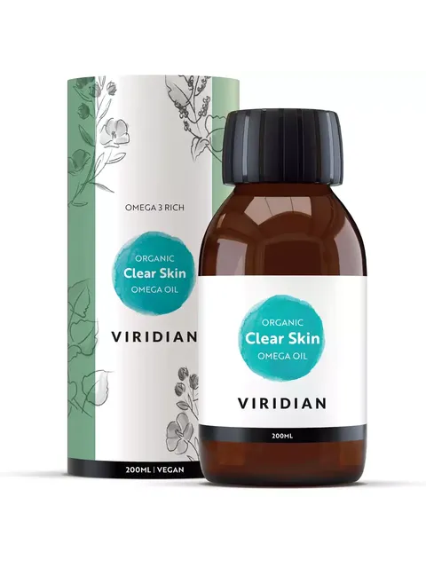 Viridian Organic Clear Skin Omega Oil, 200ml bottle with floral packaging.
