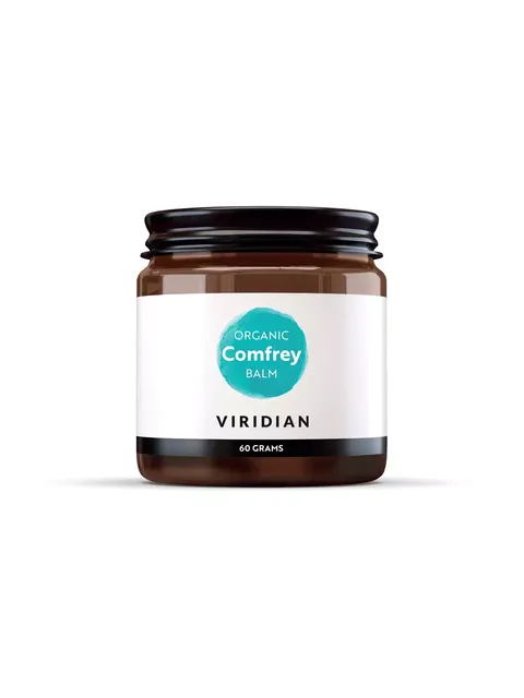 Brown jar of Viridian Organic Comfrey Balm, 60 grams.