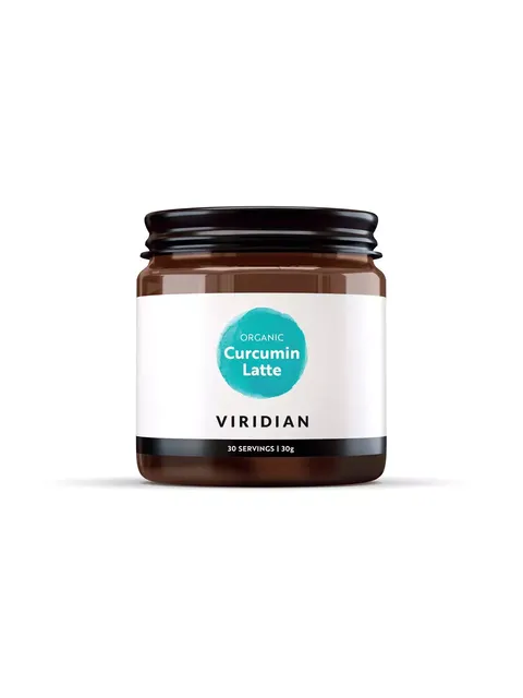 Brown jar labelled "Organic Curcumin Latte" by Viridian, 30 servings, 30g.