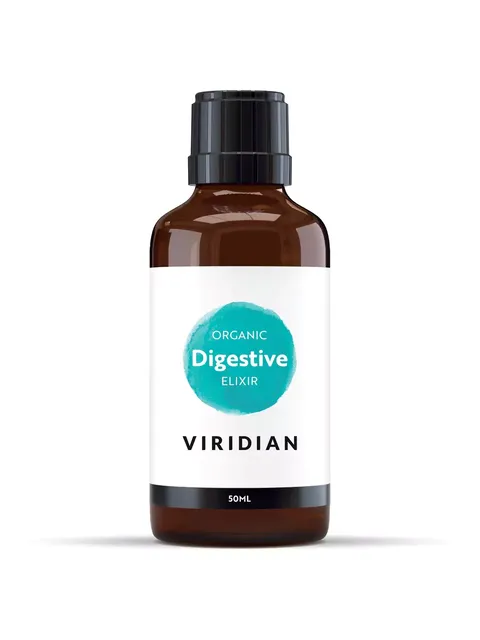 Brown bottle with label: "Organic Digestive Elixir, Viridian, 50ml".
