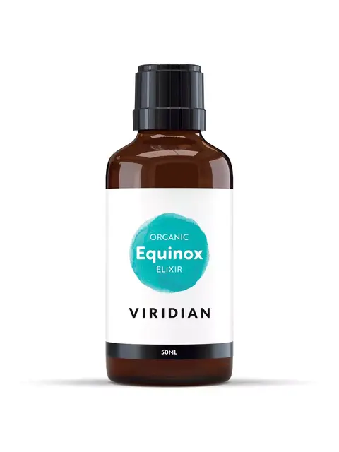 Brown bottle labelled "Organic Equinox Elixir" by Viridian, 50ml.