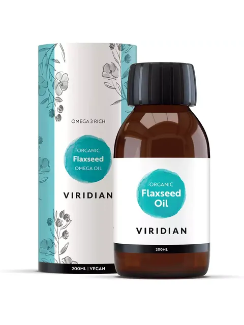 Organic Flaxseed Oil by Viridian, 200ml bottle with floral packaging. Omega 3 rich, vegan.