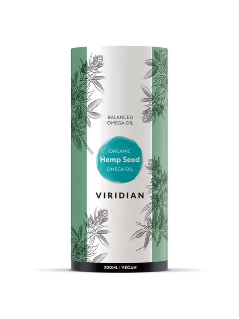 Viridian Organic Hemp Seed Omega Oil, 200ml, vegan, with botanical design on packaging.
