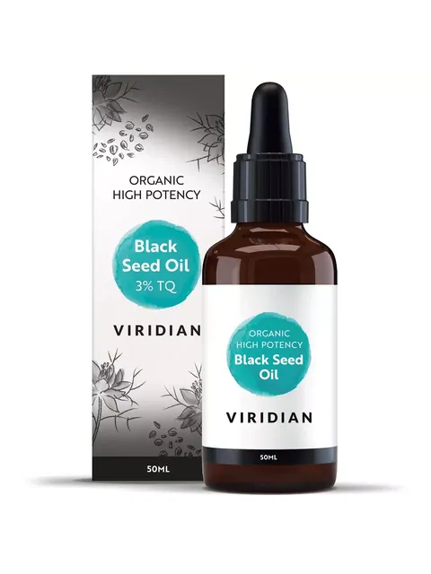 Viridian Black Seed Oil bottle and box, 50ml, organic high potency, 3% TQ.