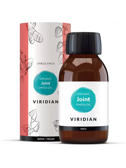 Viridian Organic Joint Omega Oil, 200ml bottle and packaging, Omega 3 rich, vegan.