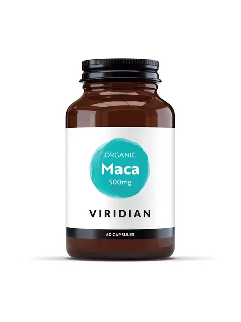 Brown bottle of Viridian Organic Maca, 500mg, 60 capsules.