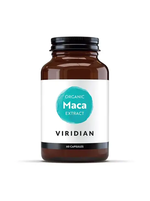 Brown bottle of Viridian Organic Maca Extract, 60 capsules.