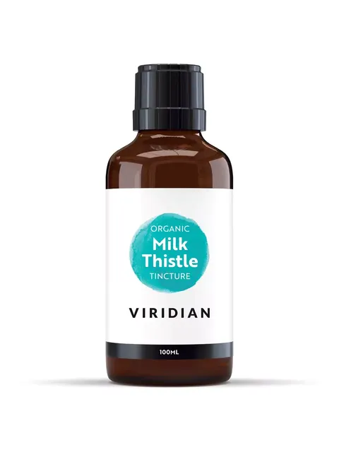 Brown bottle of Viridian Organic Milk Thistle Tincture, 100ml.