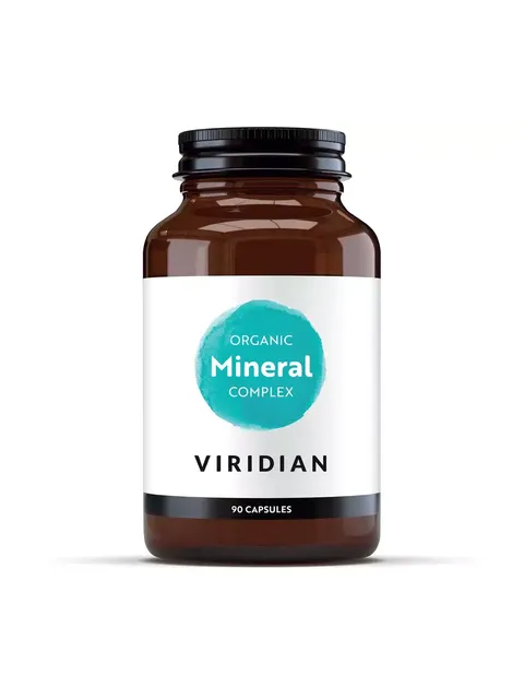 Brown bottle labelled "Organic Mineral Complex" by Viridian, 90 capsules.