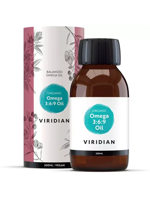Viridian Organic Omega 3:6:9 Oil, 200ml bottle and floral box packaging.
