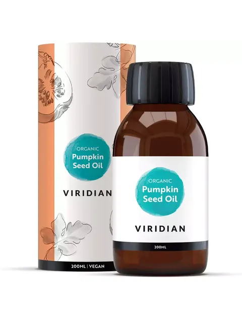 Viridian Organic Pumpkin Seed Oil, 200ml bottle with packaging. Vegan label visible.